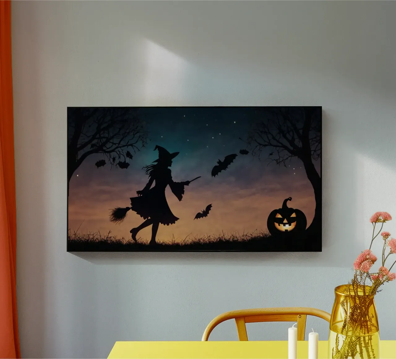 A silhouetted witch flying on a broomstick in a twilight bat acrylic glass by DesignDoodle