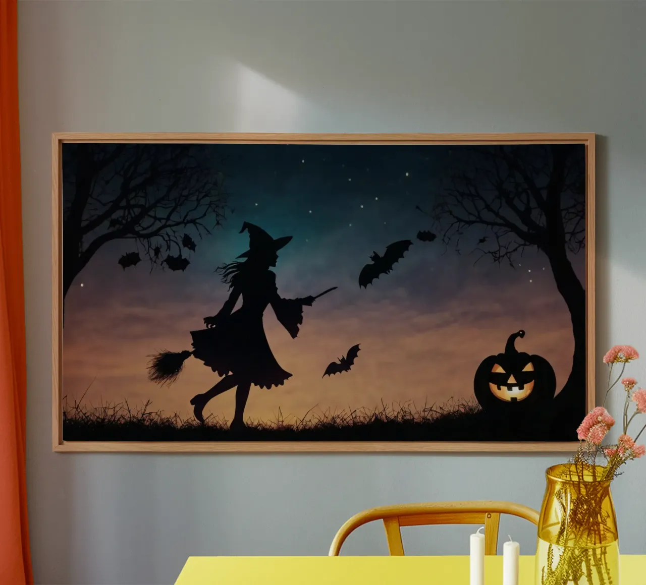 Una strega in controluce che vola su un manico di scopa in un pipistrello crepuscolare alluminio dibond da DesignDoodle