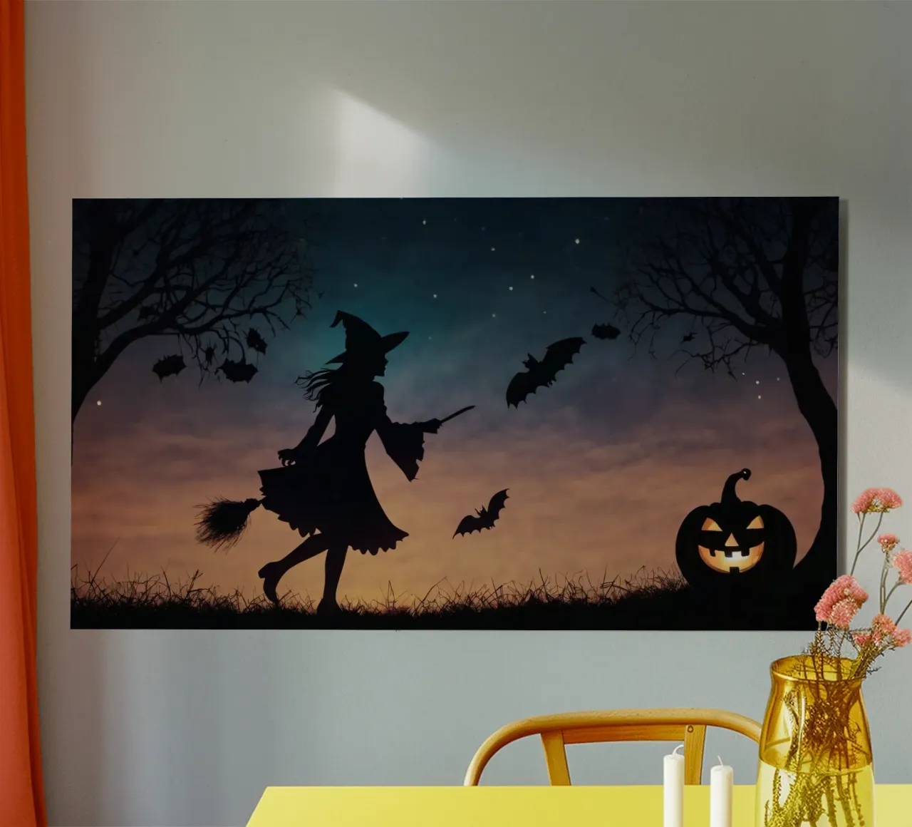 Una strega in controluce che vola su un manico di scopa in un pipistrello crepuscolare alluminio dibond da DesignDoodle