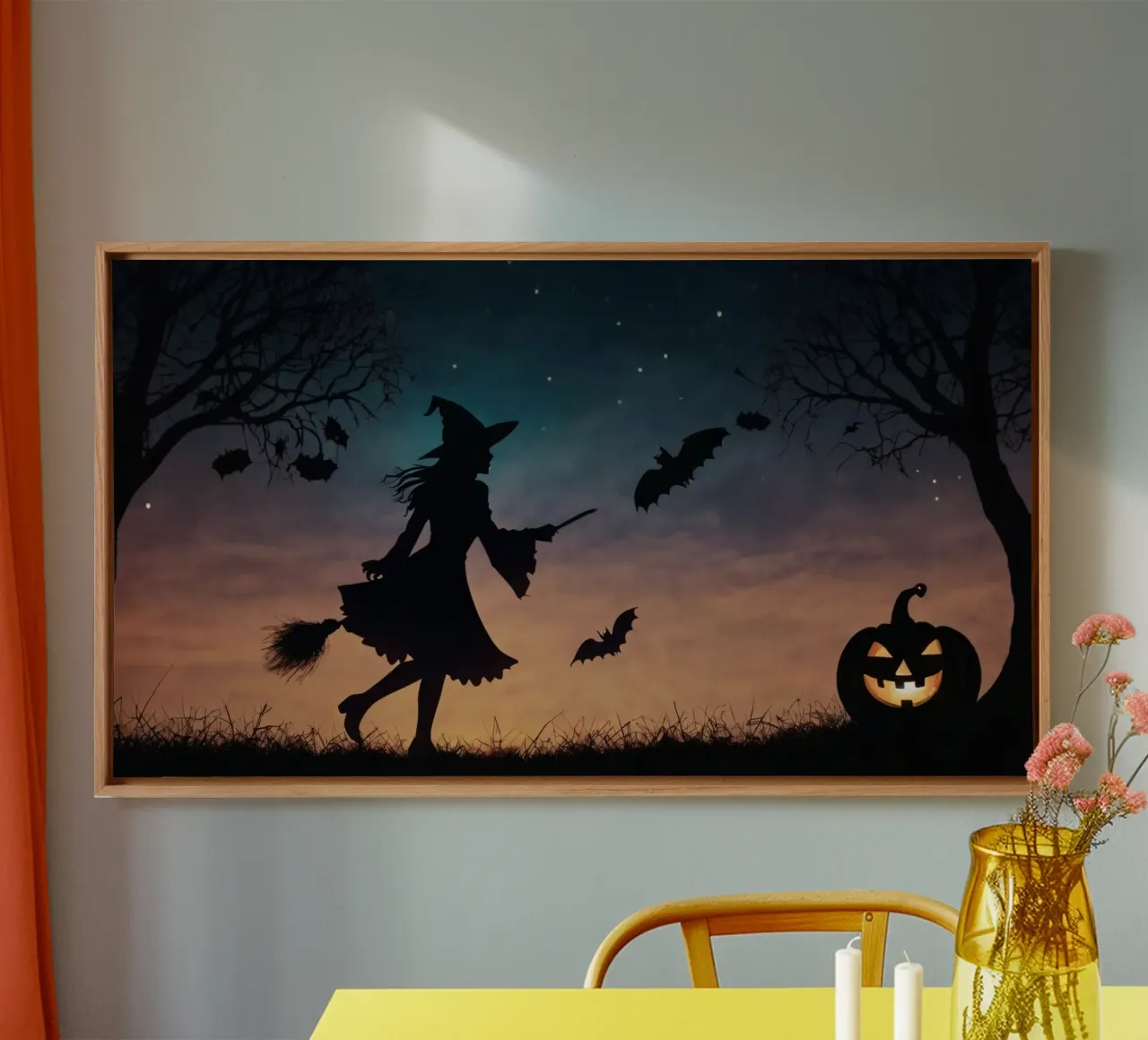 Una strega in controluce che vola su un manico di scopa in un pipistrello crepuscolare tela da DesignDoodle