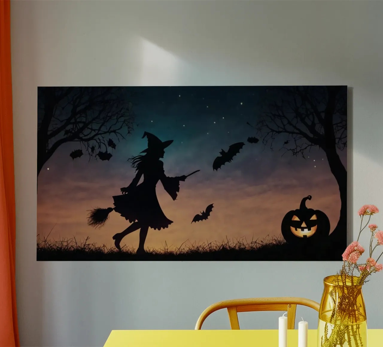 Una strega in controluce che vola su un manico di scopa in un pipistrello crepuscolare tela da DesignDoodle