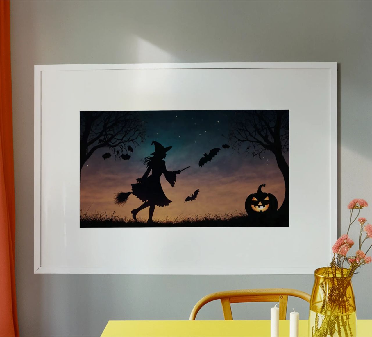 Una strega in controluce che vola su un manico di scopa in un pipistrello crepuscolare carta hahnemühle da DesignDoodle