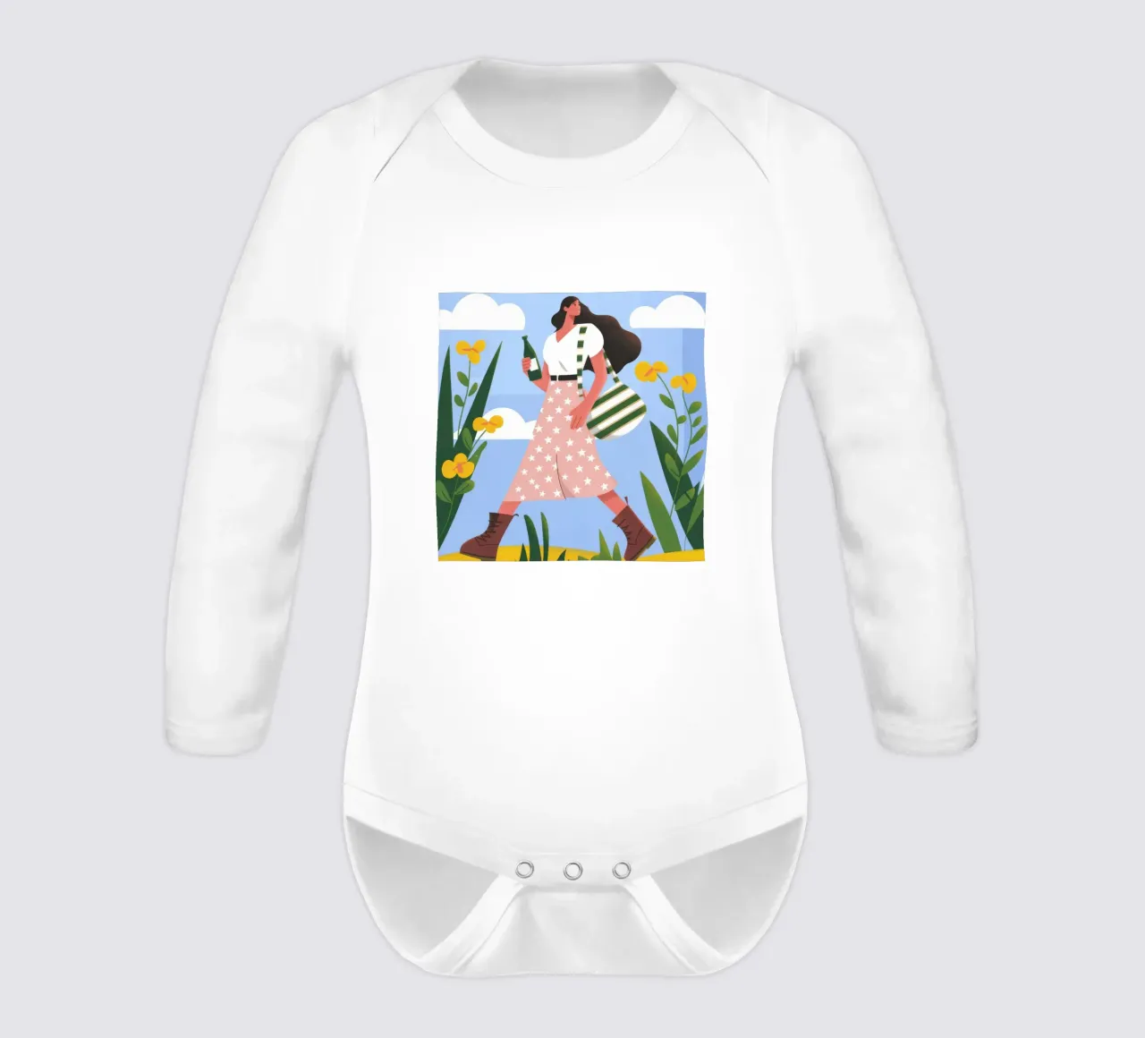 Joyful Spring Stroll long-sleeve baby romper by Lumina Vision