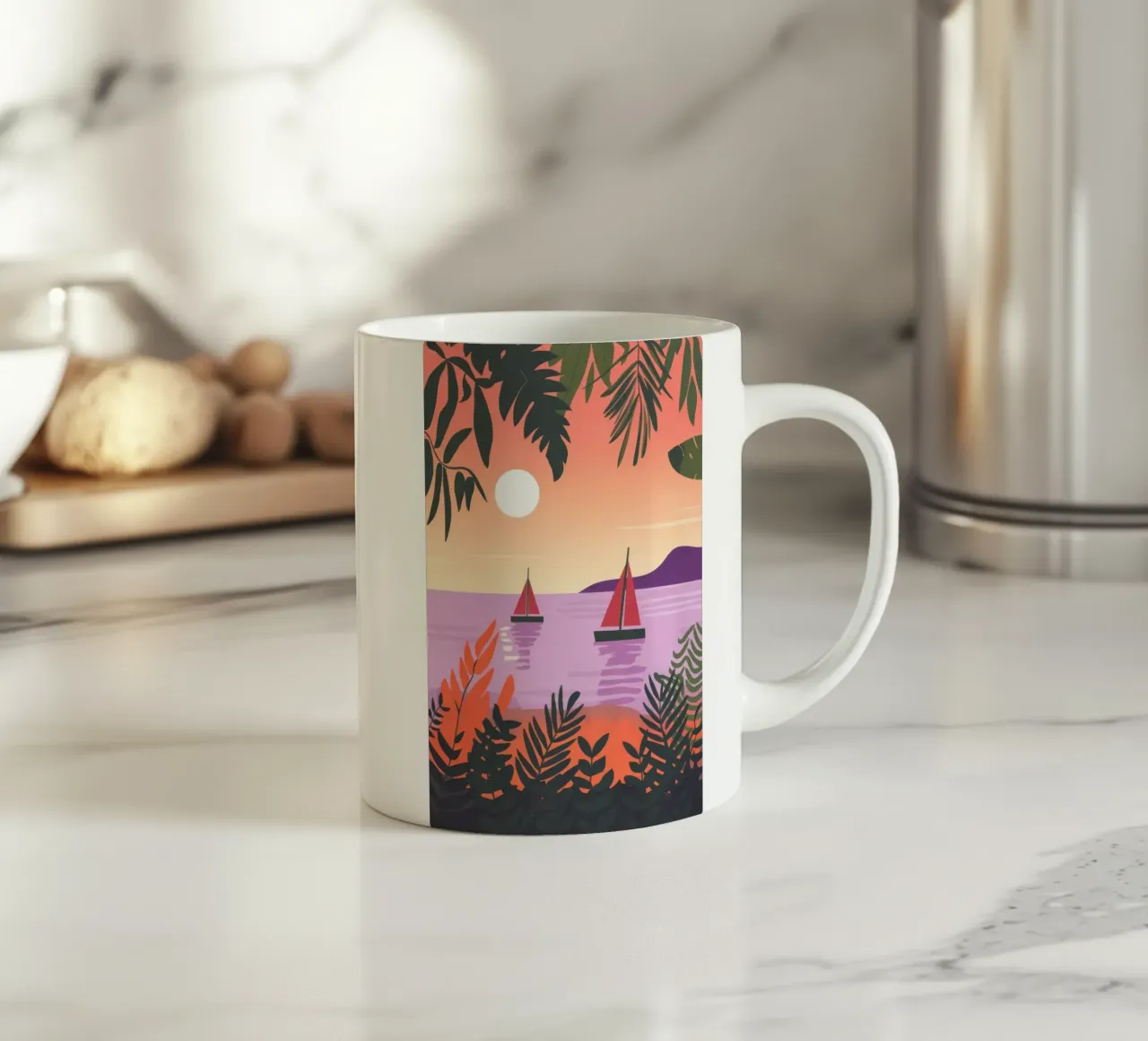 Avventura in barca a vela al tramonto tazza in ceramica da Lumina Vision
