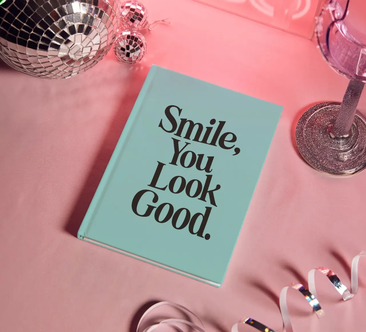 Smile You Look Good Happy Typography Print in Aqua Blue notebook by THE MOTIVATED TYPE