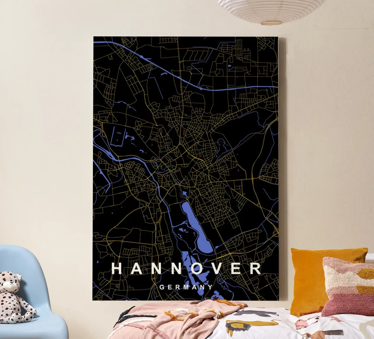Hannover Duitsland Stadsplattegrond Zwart-Goud canvas met Baklijst van Cartographers Library