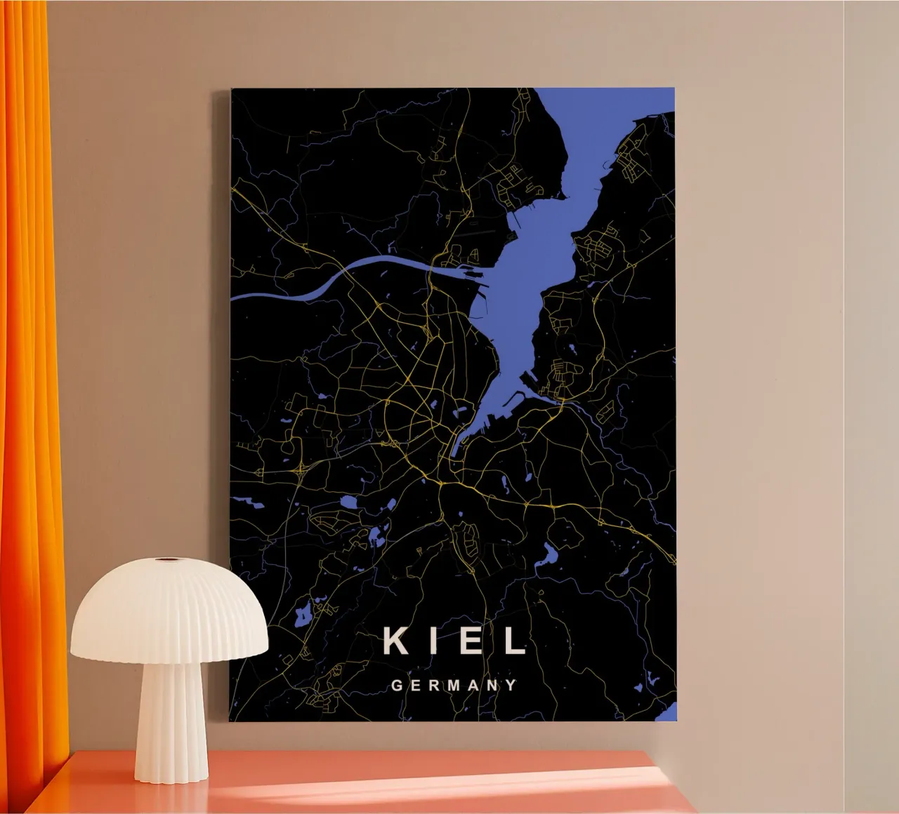 Kiel Duitsland Stadsplattegrond Zwart-Goud canvas met Baklijst van Cartographers Library