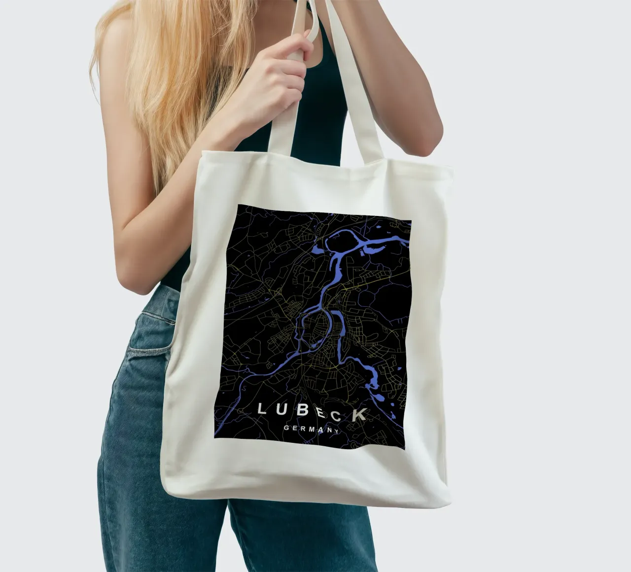 Lubecca Germania - Mappa della città in nero e oro borsa in juta da Cartographers Library