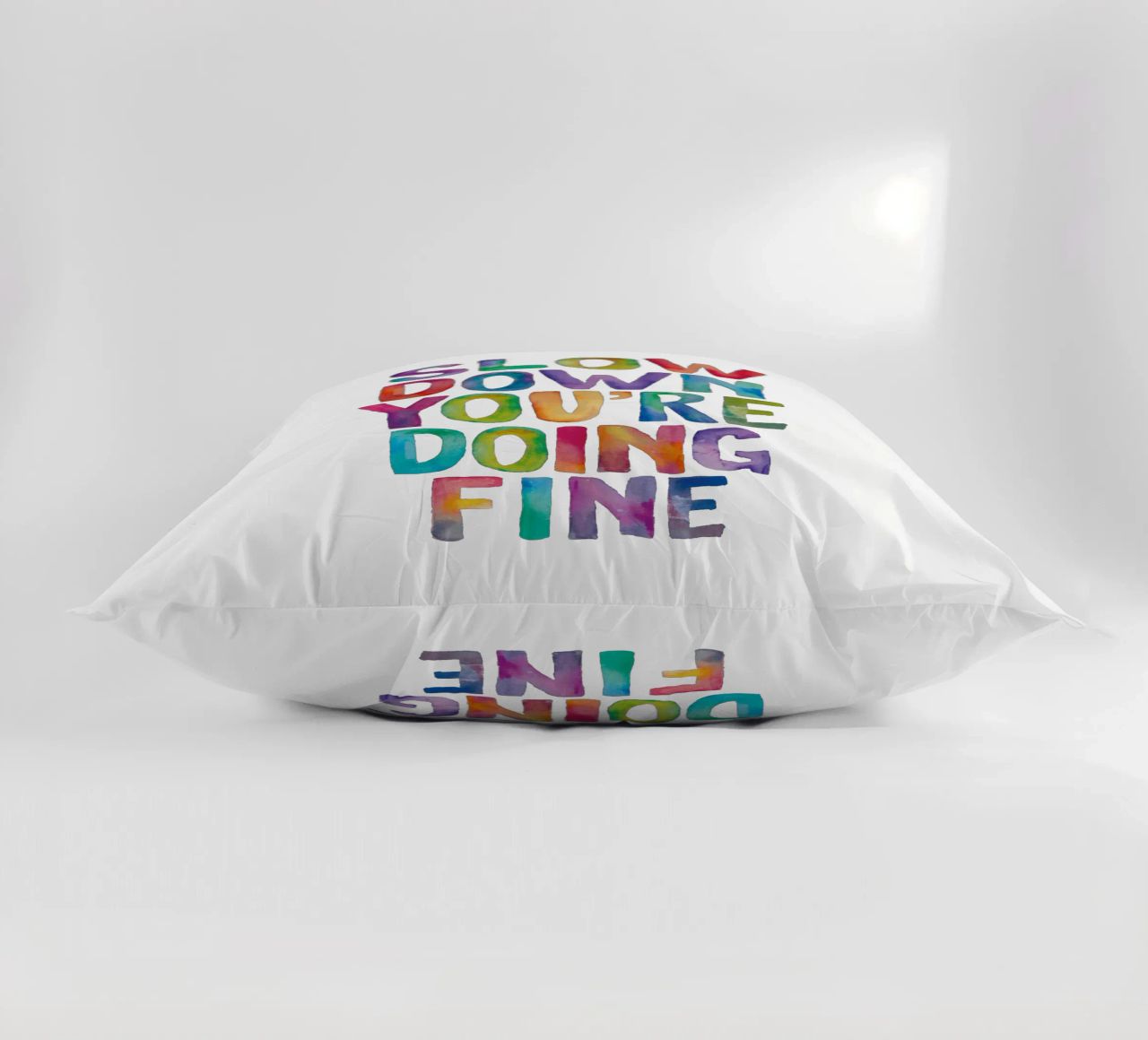 Slow Down You're Doing Fine Colourful Typography Print decorative cushion by THE MOTIVATED TYPE