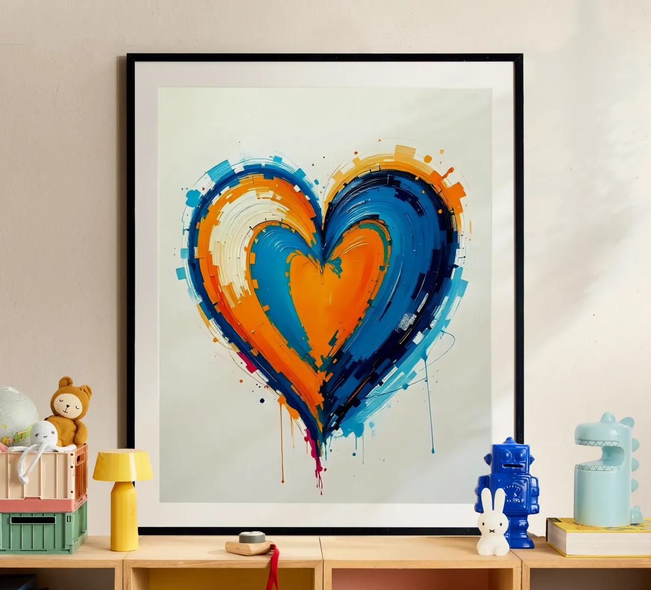 Herz_blau_orange_3 poster con telaio in alluminio da Pink- und LoveArt by LK