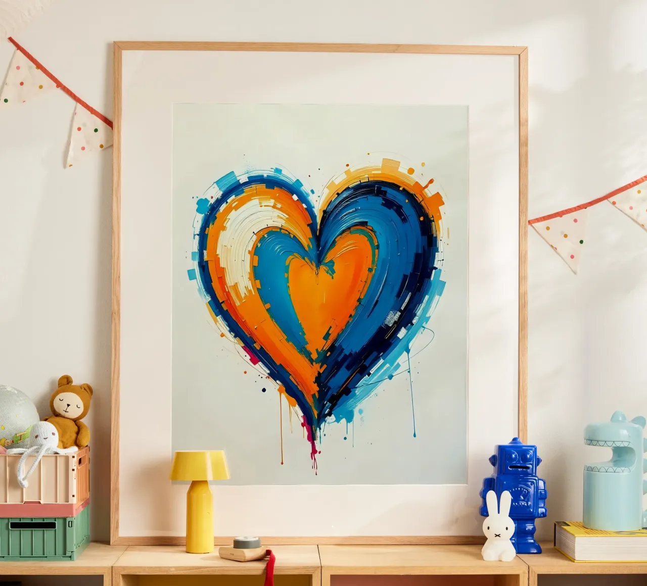 Herz_blau_orange_3 poster con telaio in alluminio da Pink- und LoveArt by LK