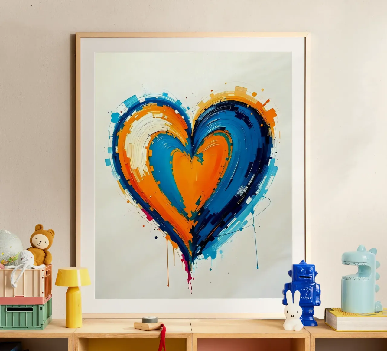 Herz_blau_orange_3 poster con telaio in alluminio da Pink- und LoveArt by LK