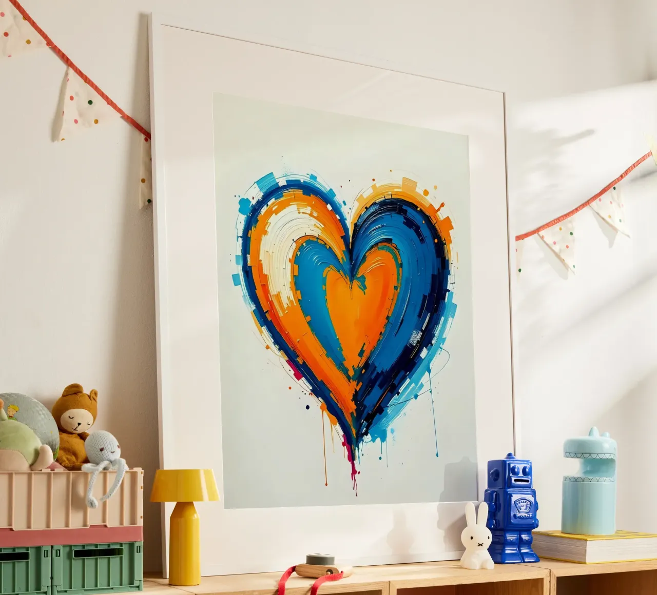 Herz_blau_orange_3 poster con telaio in alluminio da Pink- und LoveArt by LK