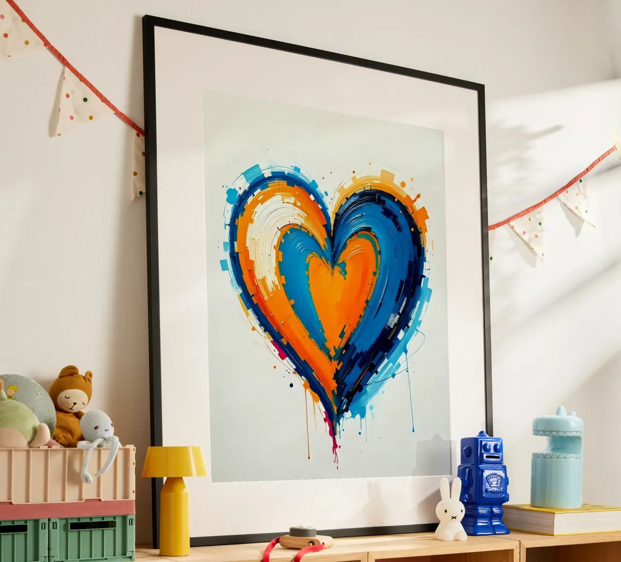 Herz_blau_orange_3 poster con telaio in alluminio da Pink- und LoveArt by LK