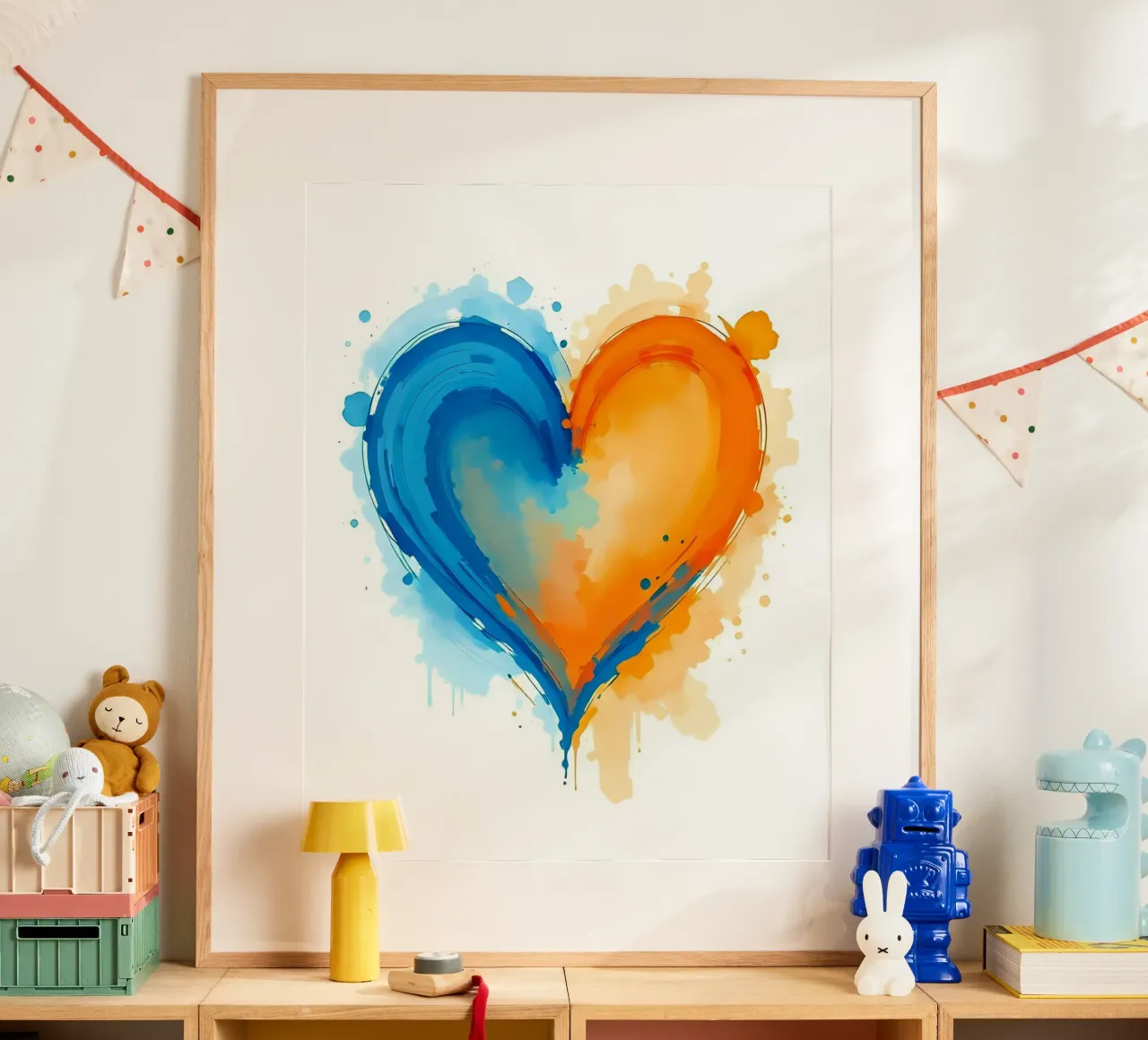 Herz_blau_orange_5 poster con telaio in legno da Pink- und LoveArt by LK