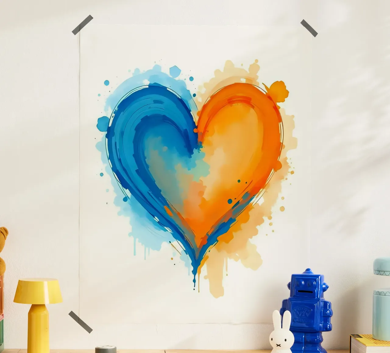 Herz_blau_orange_5 poster con telaio in legno da Pink- und LoveArt by LK