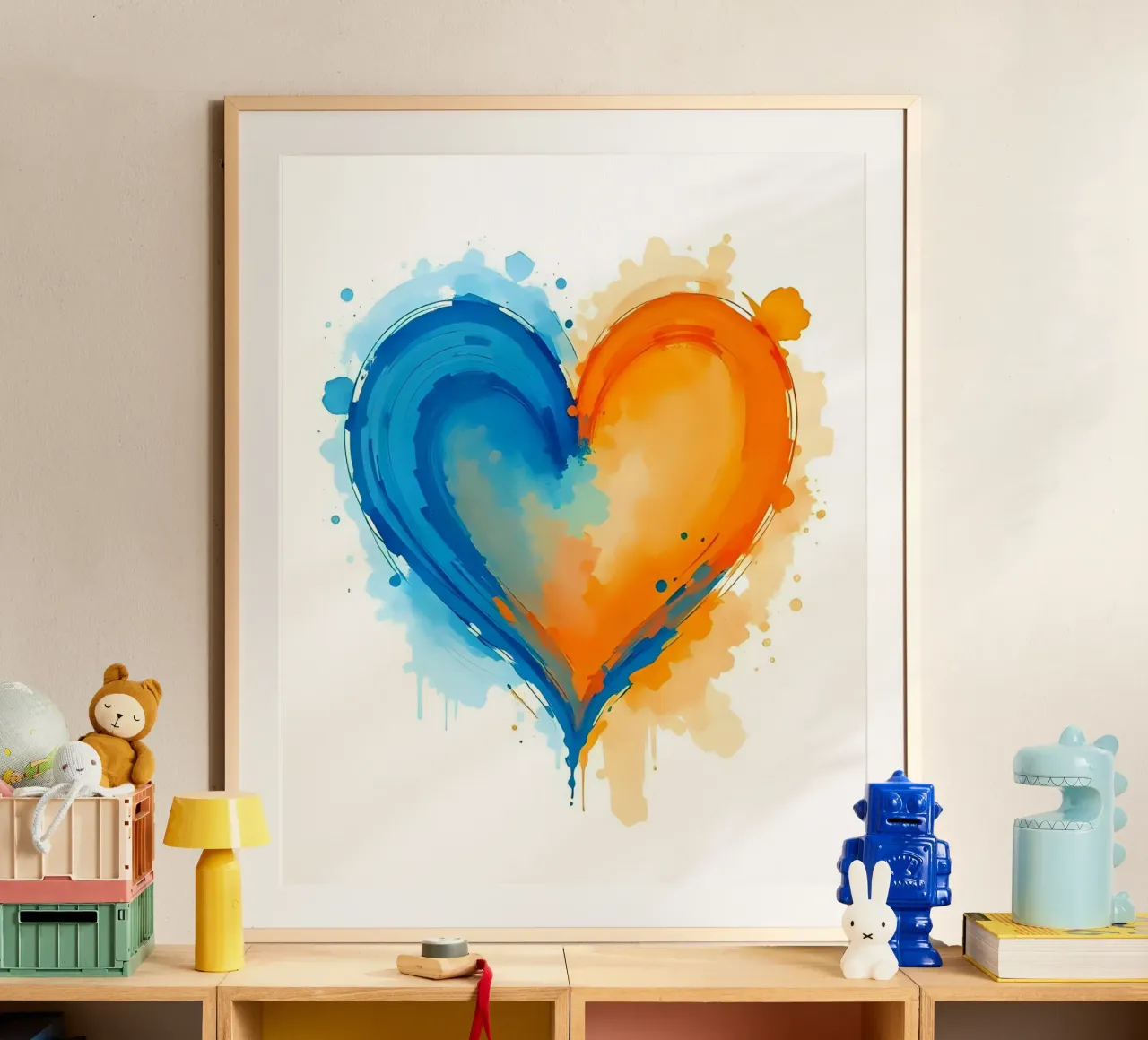 Herz_blau_orange_5 poster con telaio in legno da Pink- und LoveArt by LK