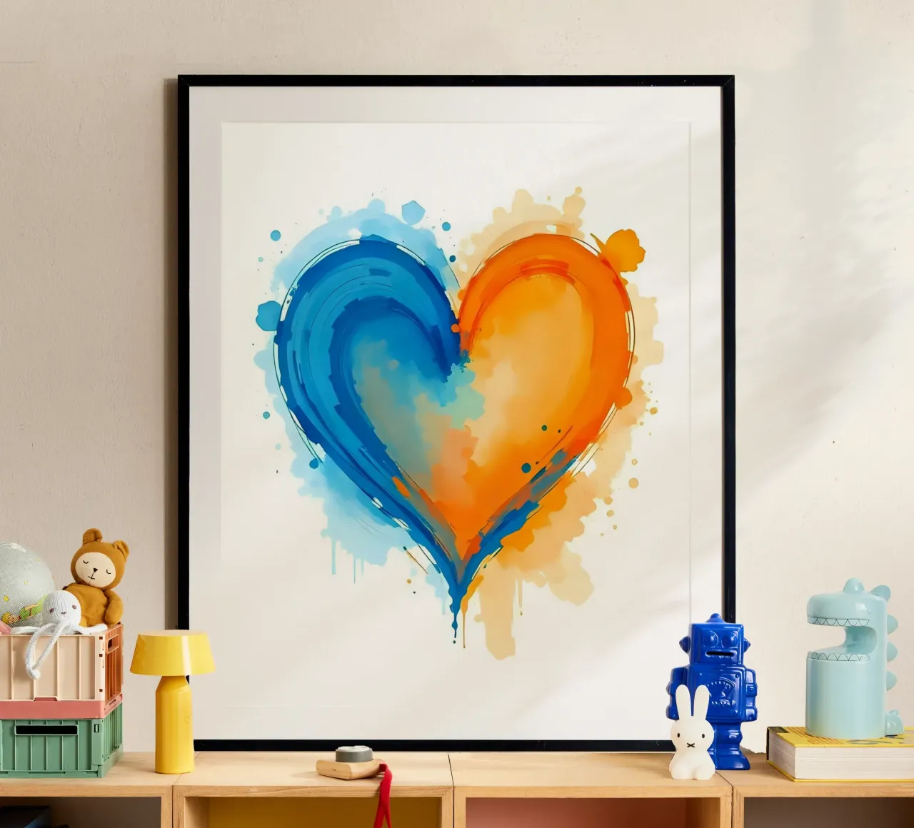 Herz_blau_orange_5 poster con telaio in legno da Pink- und LoveArt by LK