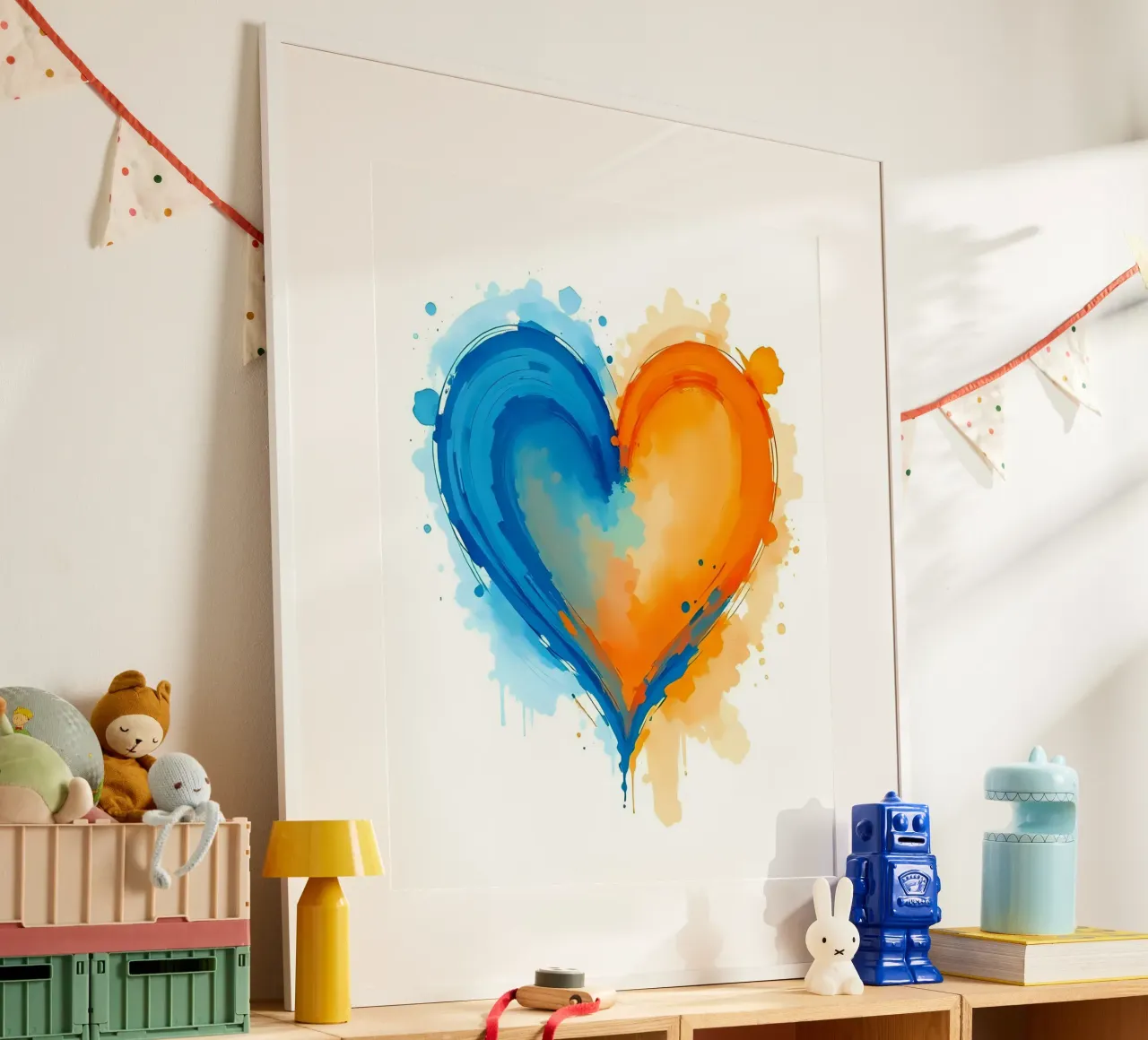 Herz_blau_orange_5 poster con telaio in legno da Pink- und LoveArt by LK