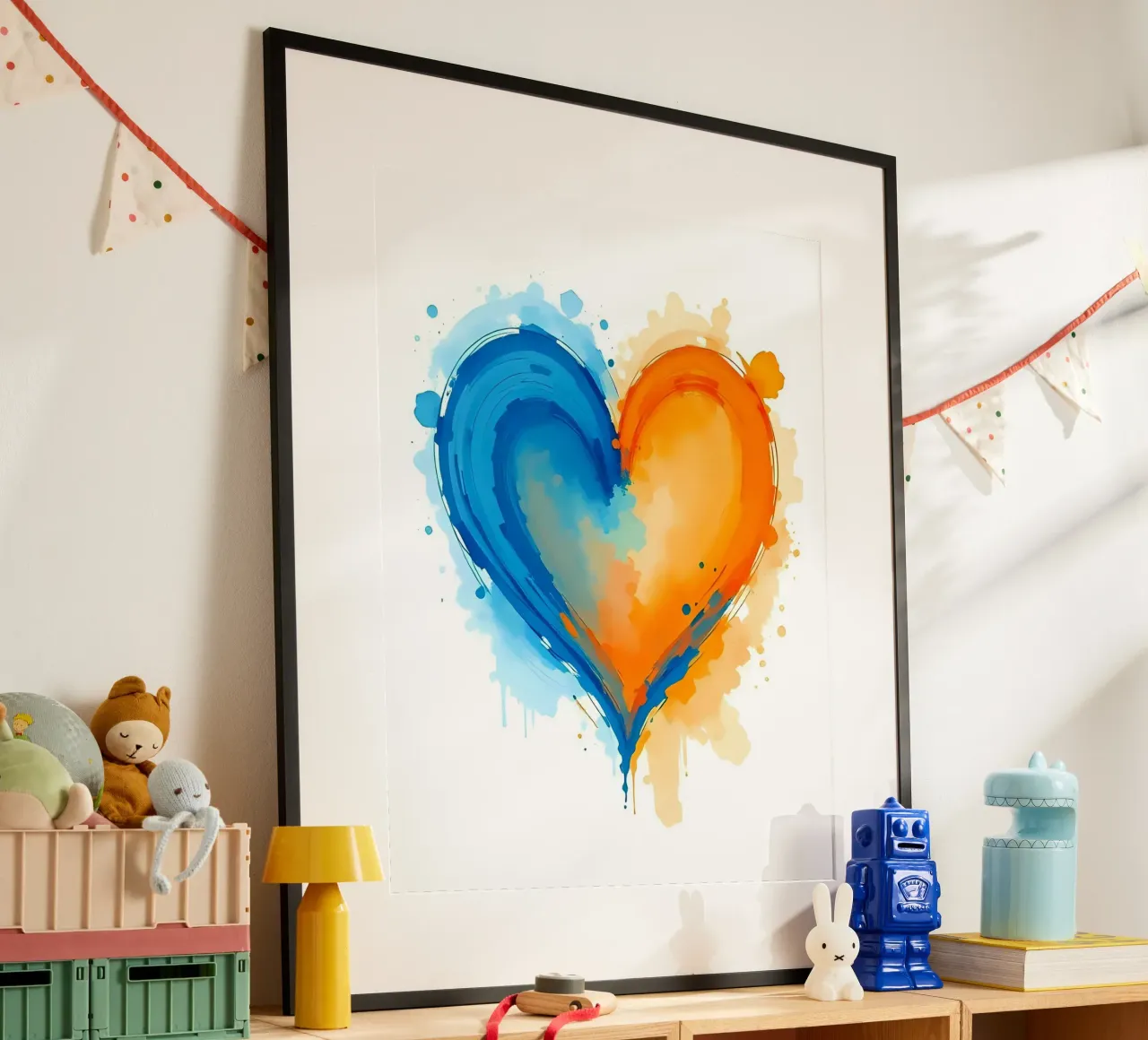 Herz_blau_orange_5 poster con telaio in legno da Pink- und LoveArt by LK