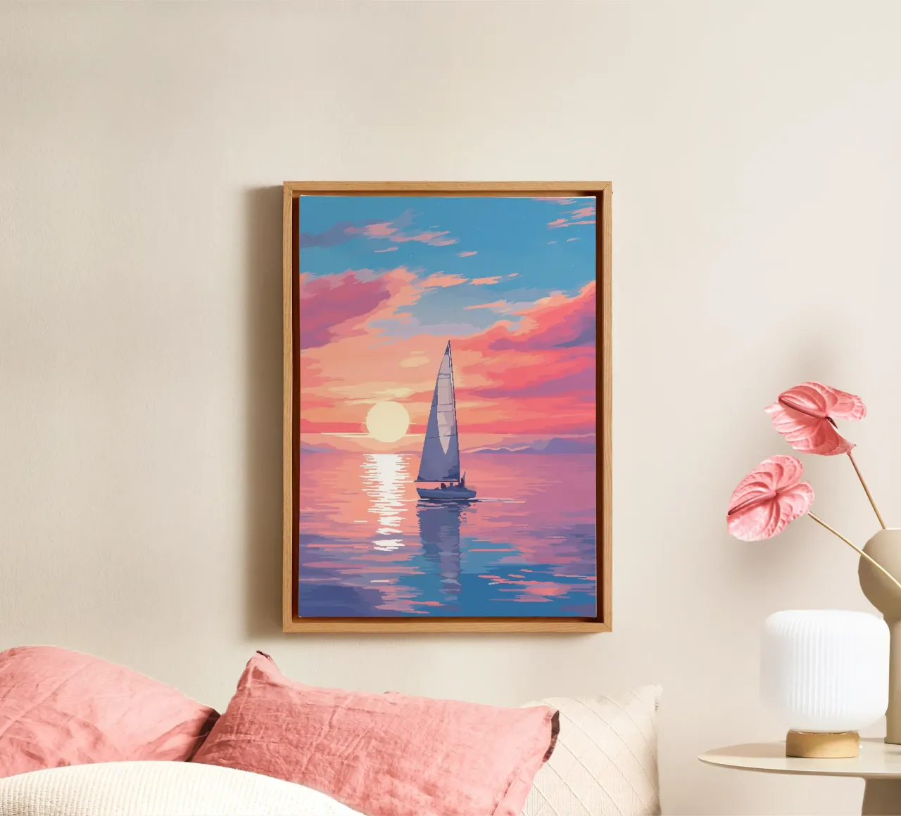 Zeilboot Zee Pixel Kunst canvas met Baklijst van Bartosz Powalka