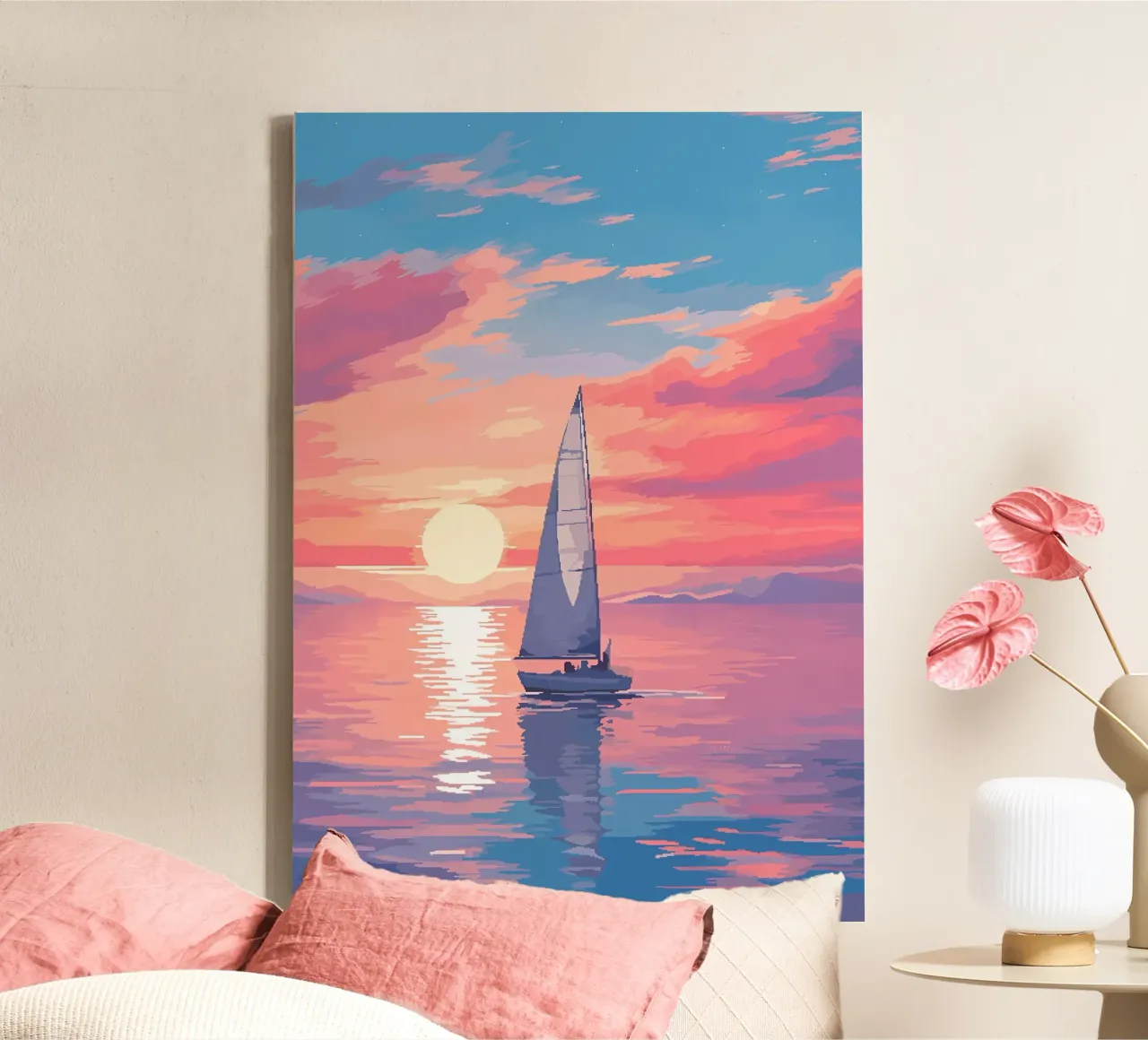 Zeilboot Zee Pixel Kunst canvas met Baklijst van Bartosz Powalka