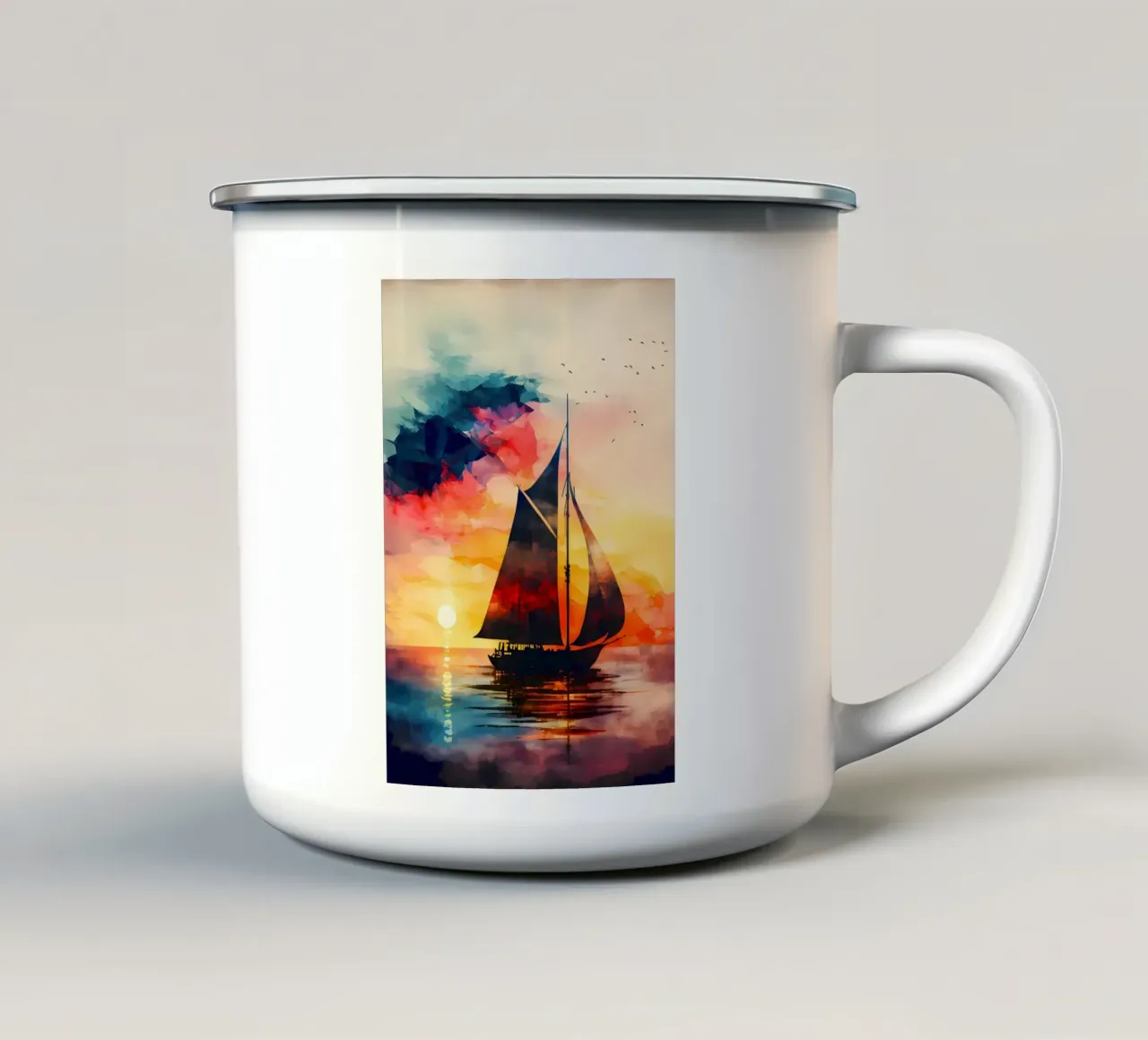 Barca a vela Tramonto colorato tazza in smalto da Bartosz Powalka