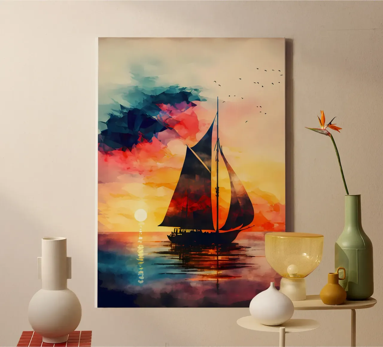 Zeilboot Kleurrijke Zonsondergang canvas met Baklijst van Bartosz Powalka
