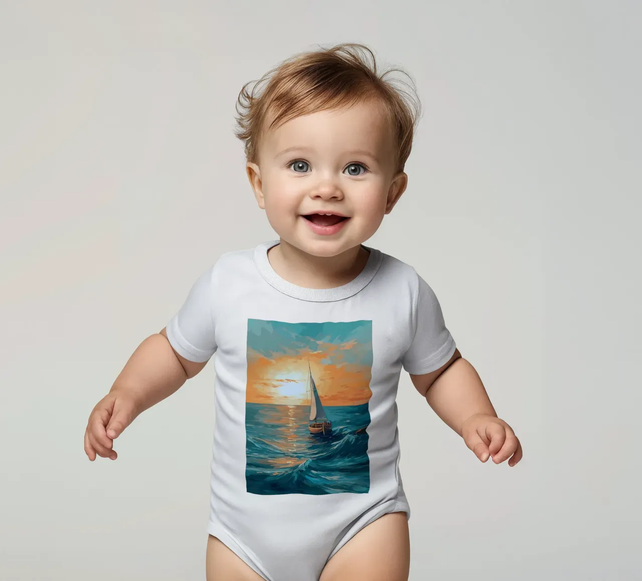 Zeilboot Zonsondergang Schilderen babyrompertje korte mouwen van Bartosz Powalka