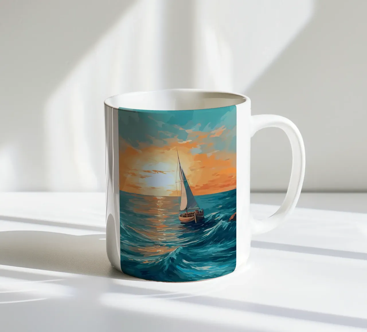 Zeilboot Zonsondergang Schilderen keramische mok van Bartosz Powalka