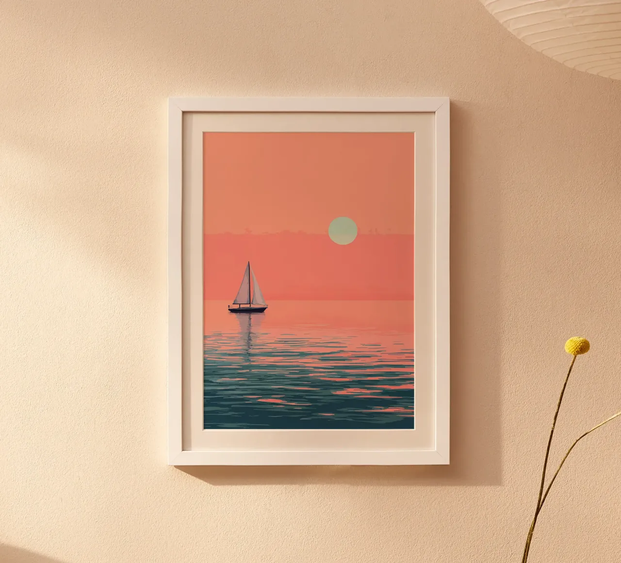 Barca a vela al tramonto minimalista poster con telaio in alluminio da Bartosz Powalka