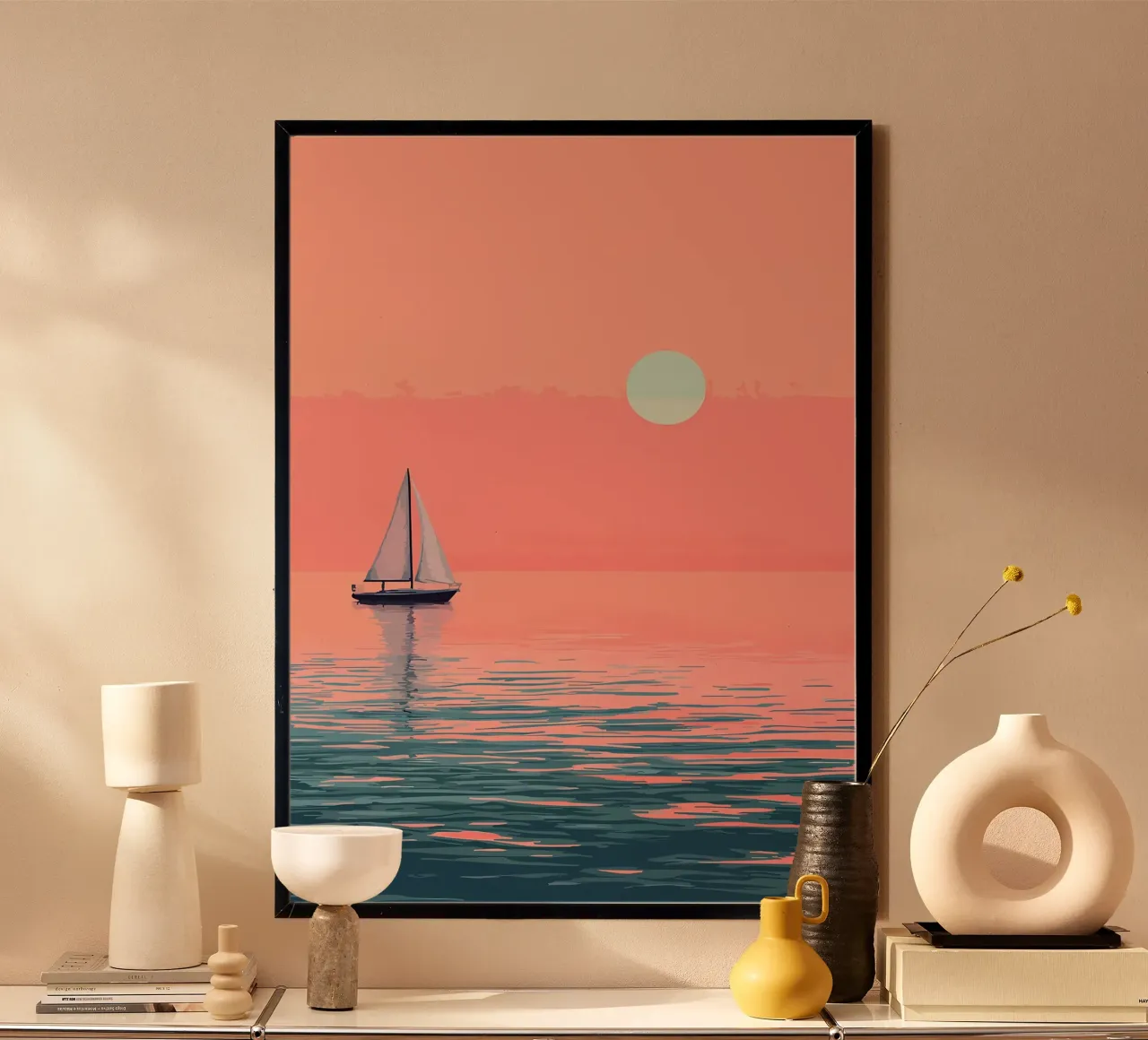 Barca a vela al tramonto minimalista poster con telaio in alluminio da Bartosz Powalka