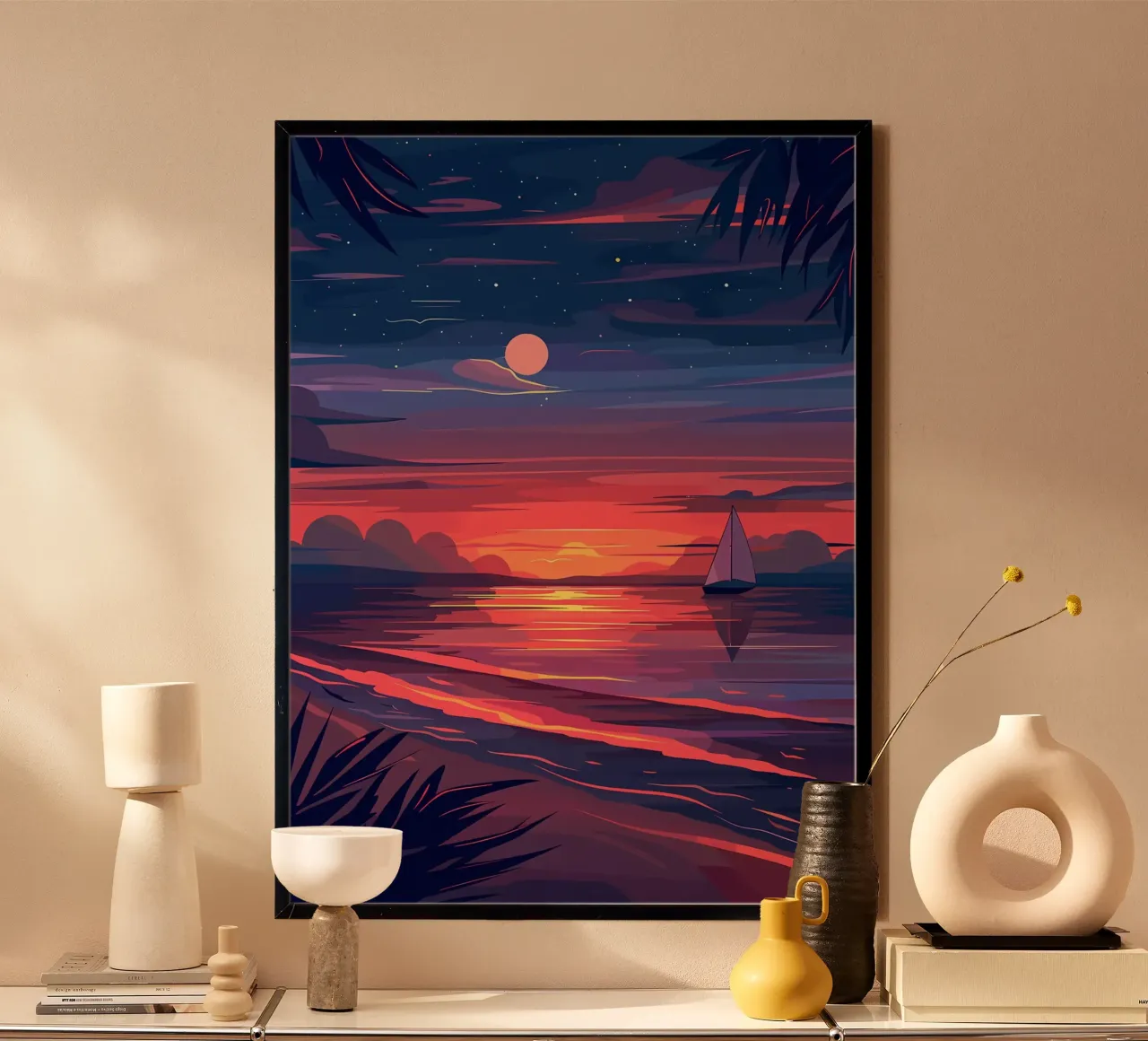 Barca a vela al tramonto poster con telaio in plastica da Bartosz Powalka