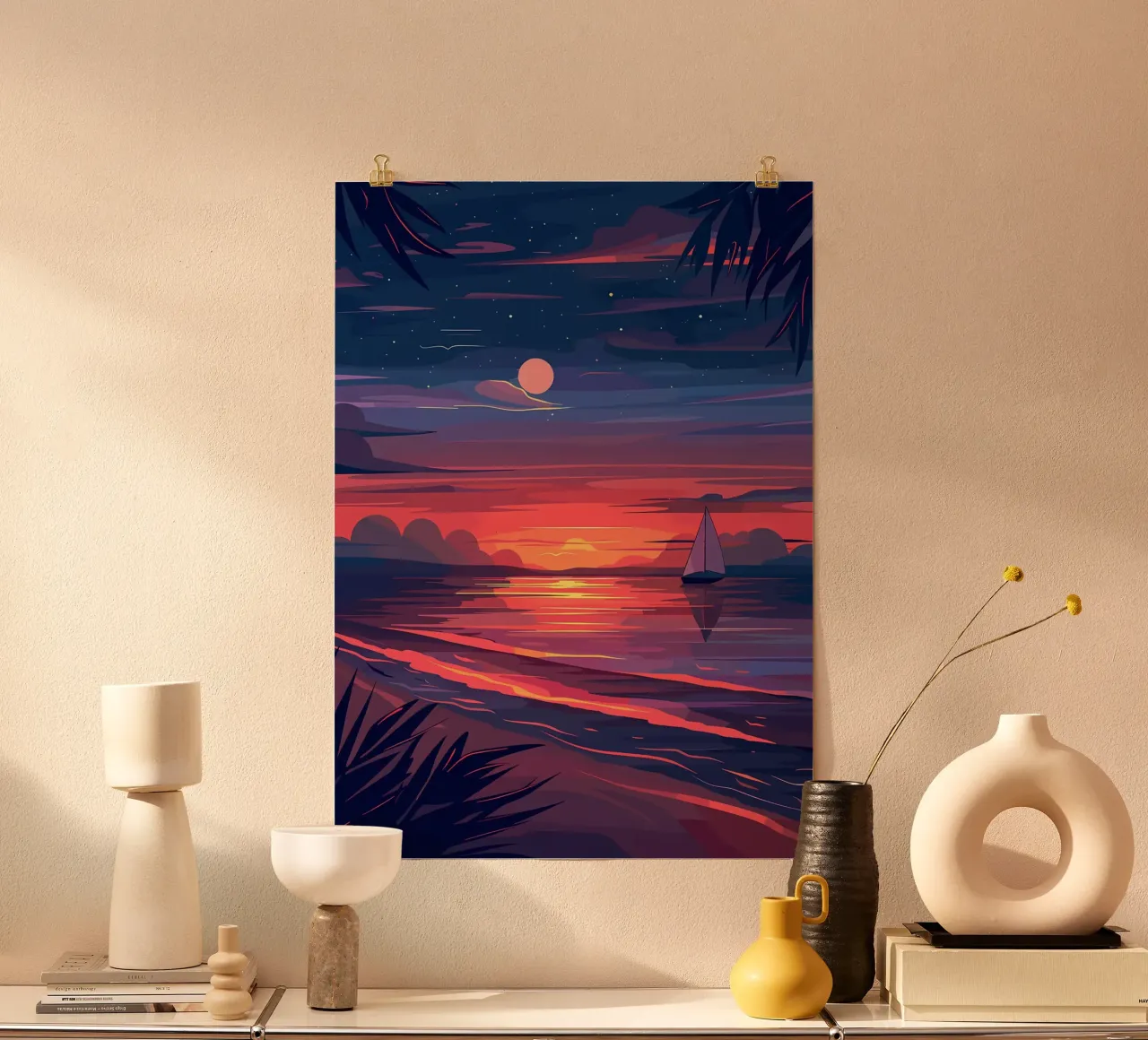 Barca a vela al tramonto poster con telaio in plastica da Bartosz Powalka