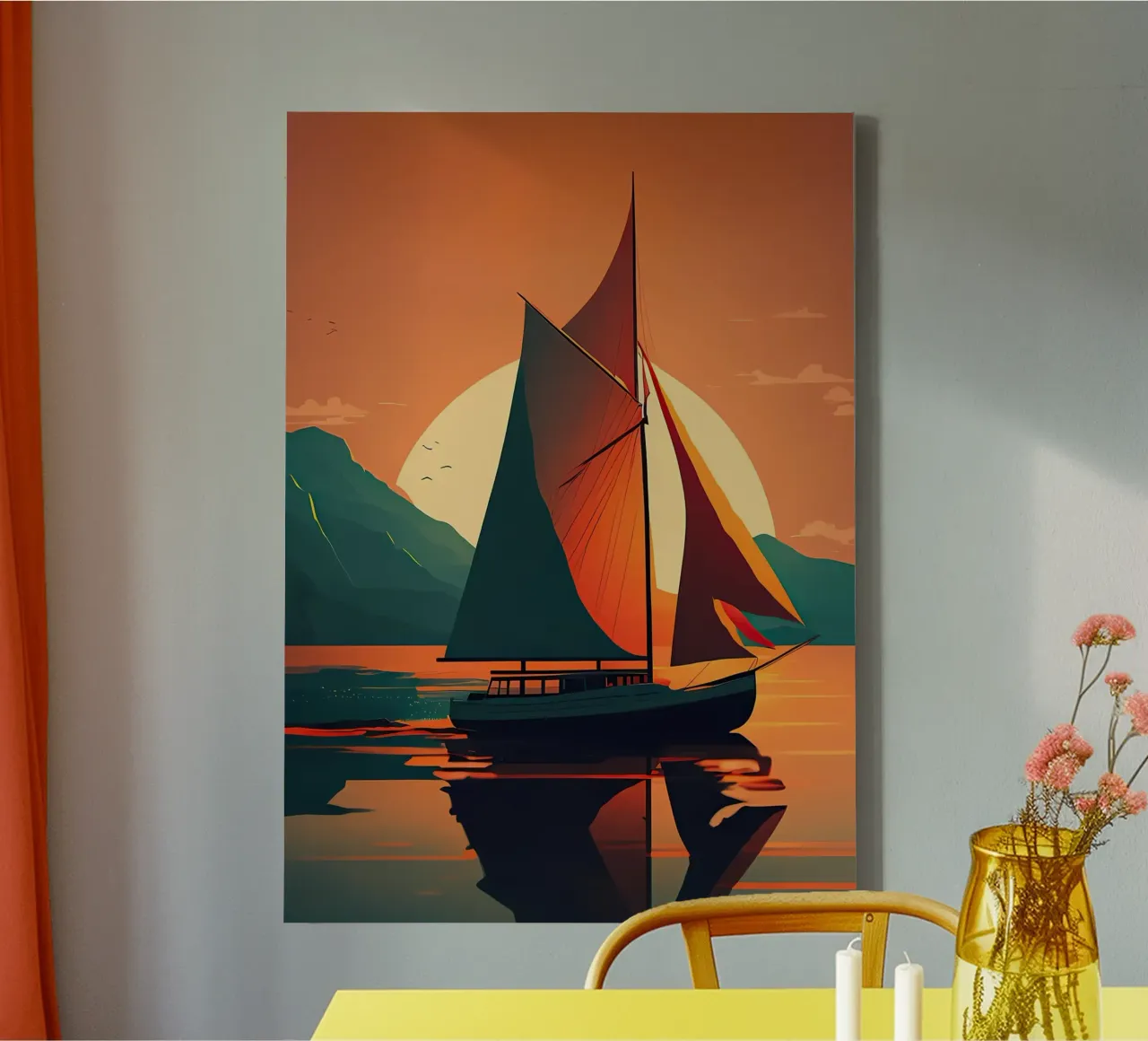 Segelboot im Sonnenuntergang Leinwand mit Schattenfugenrahmen von Bartosz Powalka