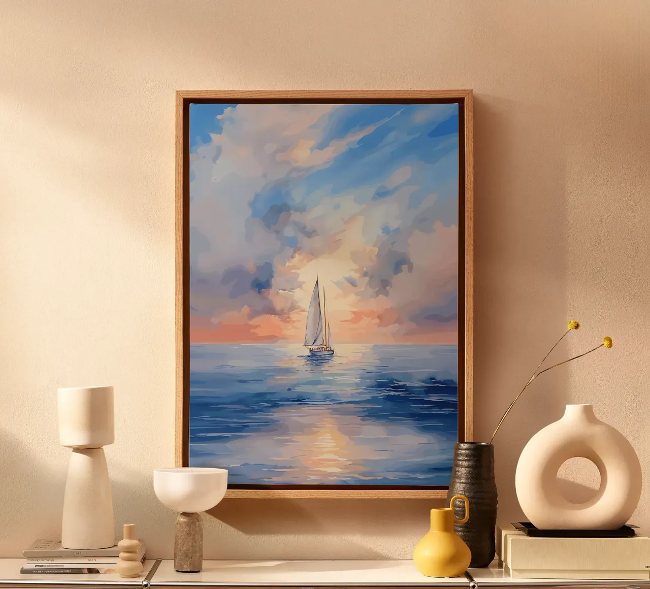 Zeilboot Zonsondergang Schilderen canvas met Baklijst van Bartosz Powalka