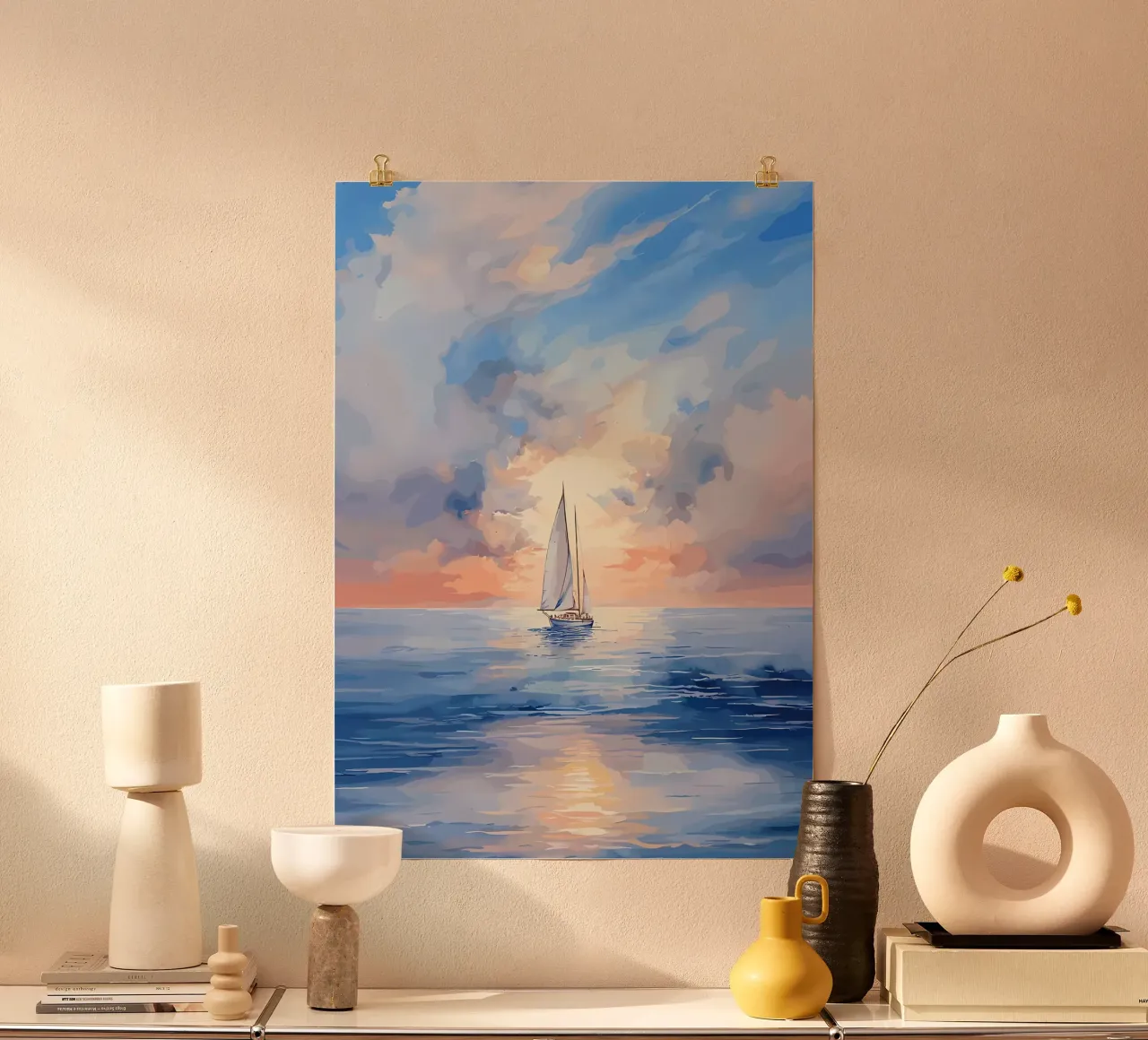 Barca a vela al tramonto pittura poster con telaio in alluminio da Bartosz Powalka