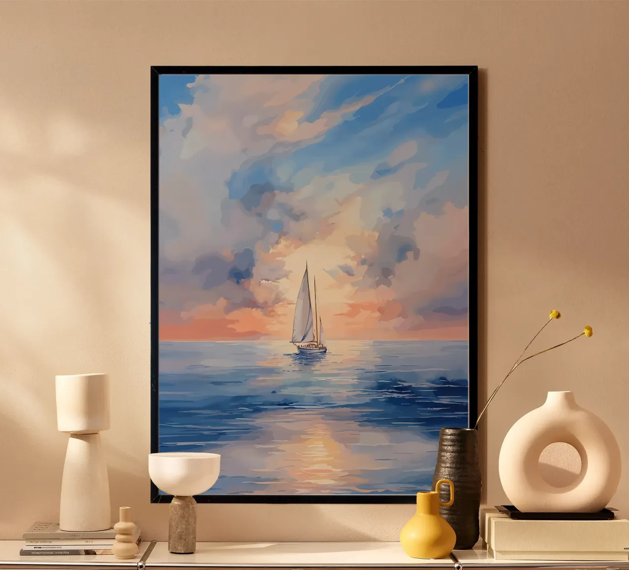 Barca a vela al tramonto pittura poster con telaio in alluminio da Bartosz Powalka