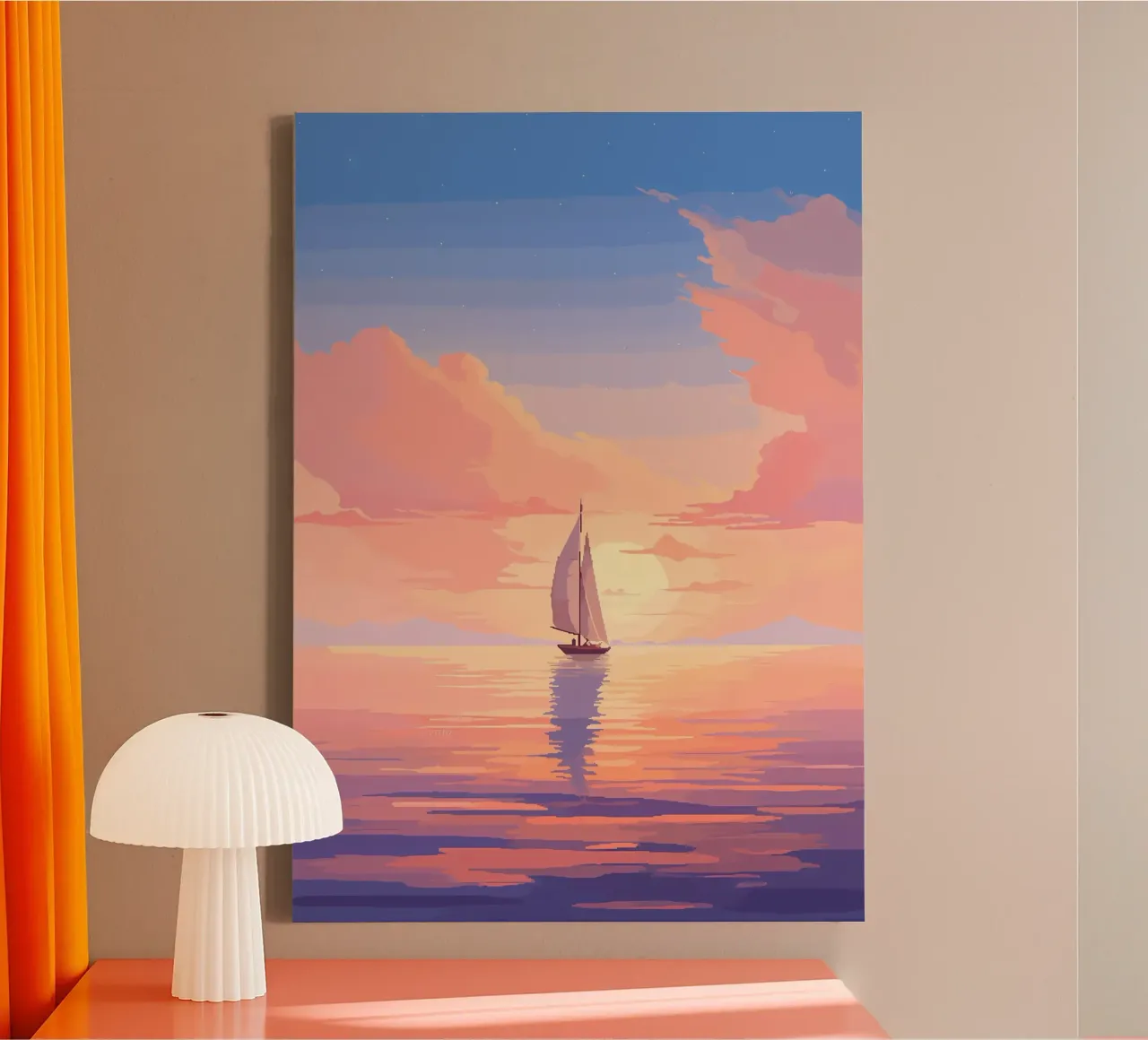 Ruhiges Meer Boot Pixel Kunst Leinwand mit Schattenfugenrahmen von Bartosz Powalka