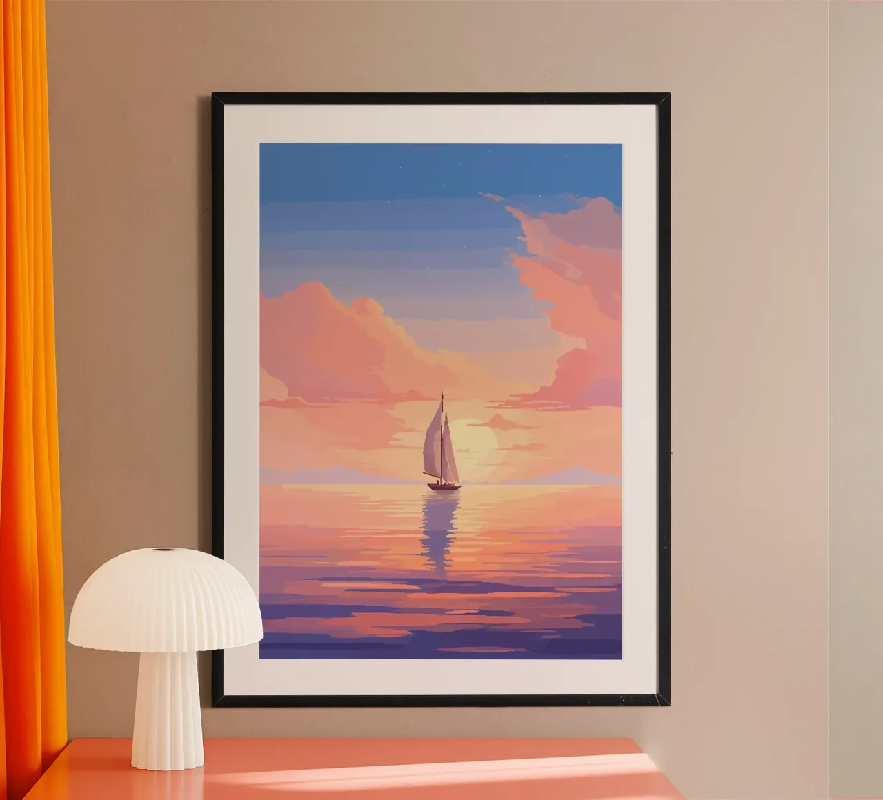 Pixel art della barca del mare calmo poster con telaio in plastica da Bartosz Powalka