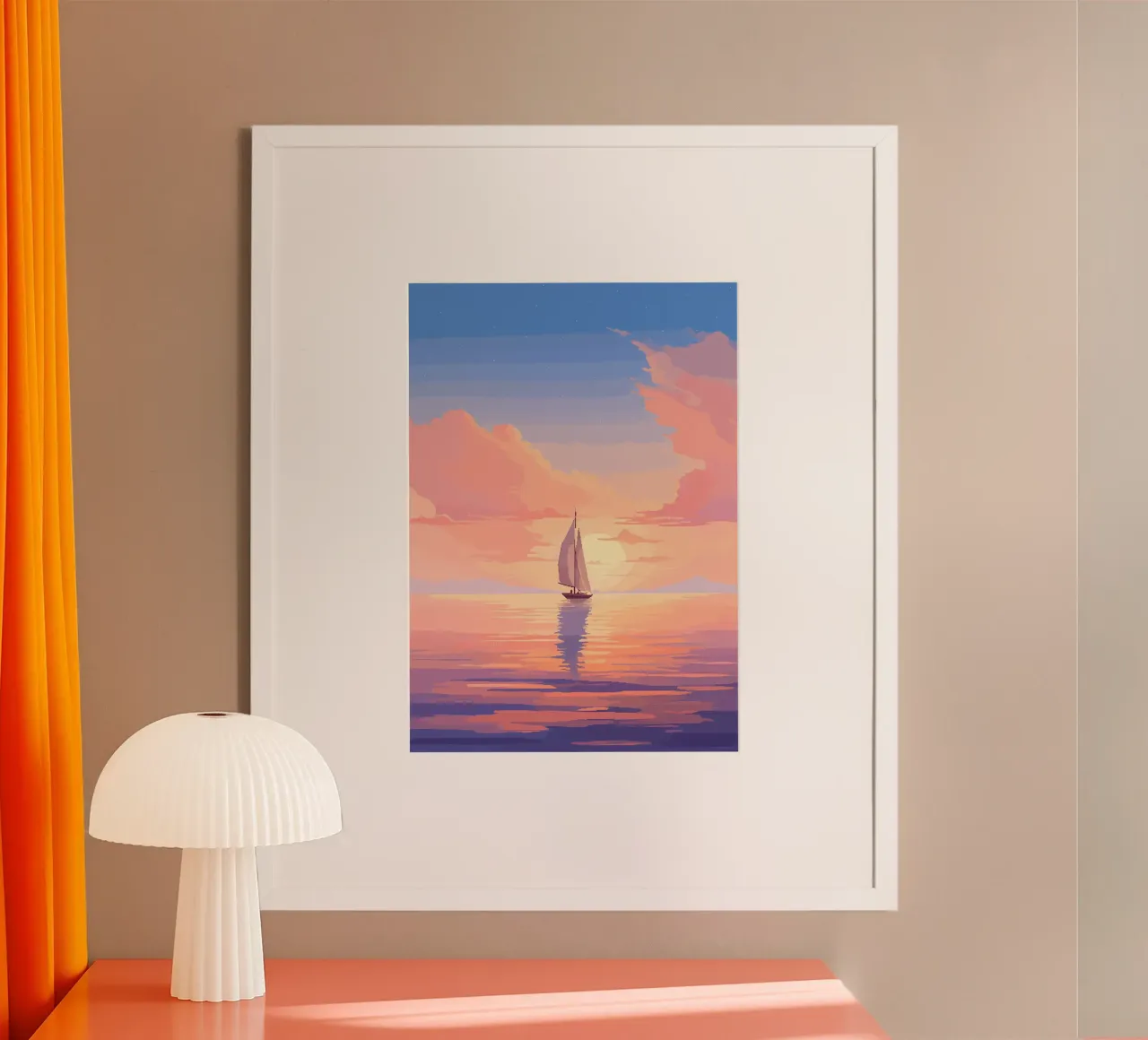 Pixel art della barca del mare calmo poster con telaio in plastica da Bartosz Powalka