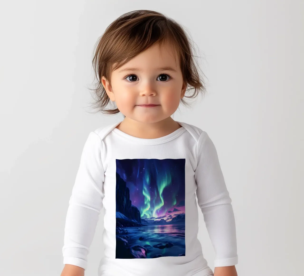 Aurora Borealis Landscape long-sleeve baby romper by Matthew Katz