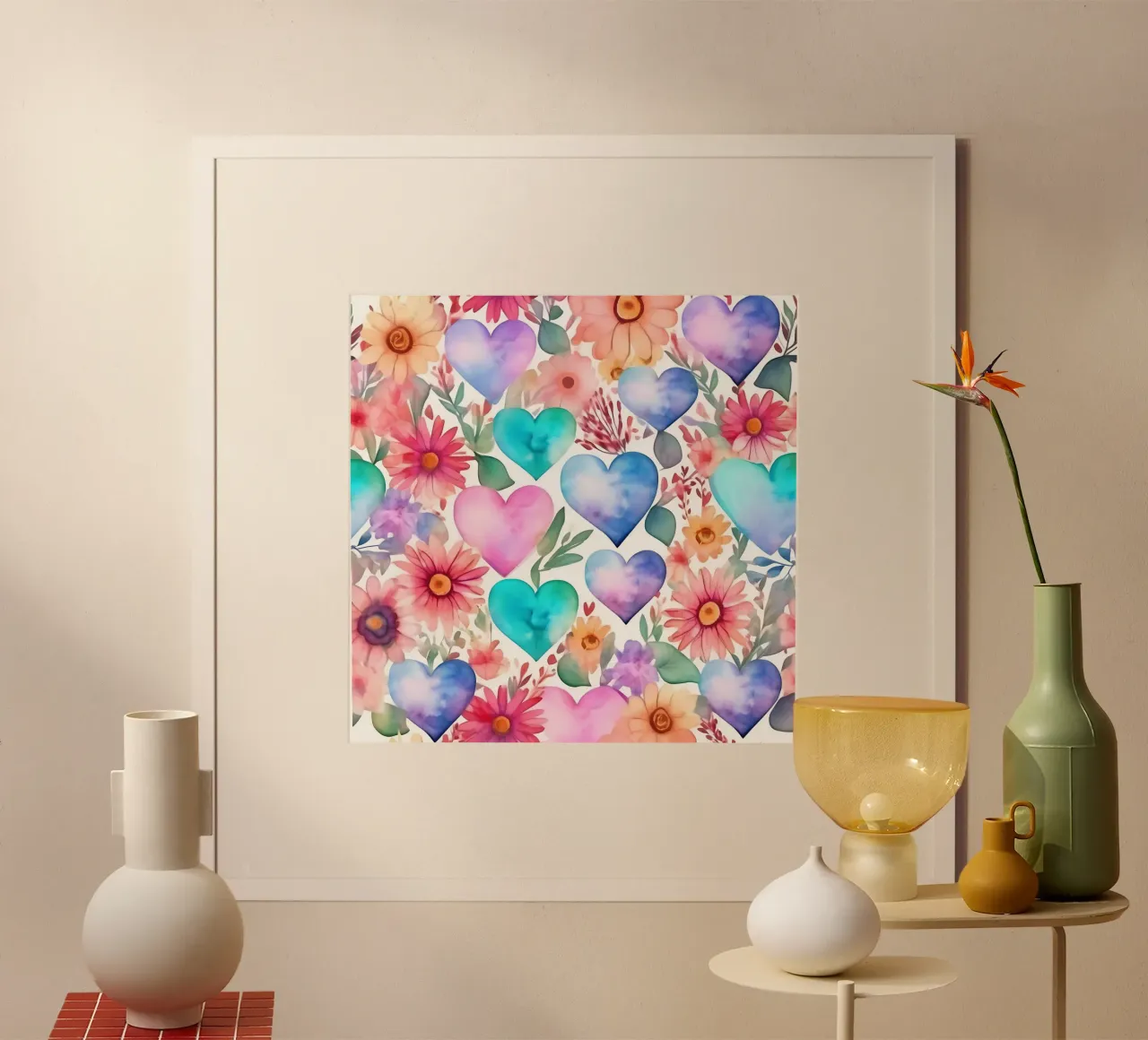 cuori_pastello_2 poster con telaio in legno da Pink- und LoveArt by LK