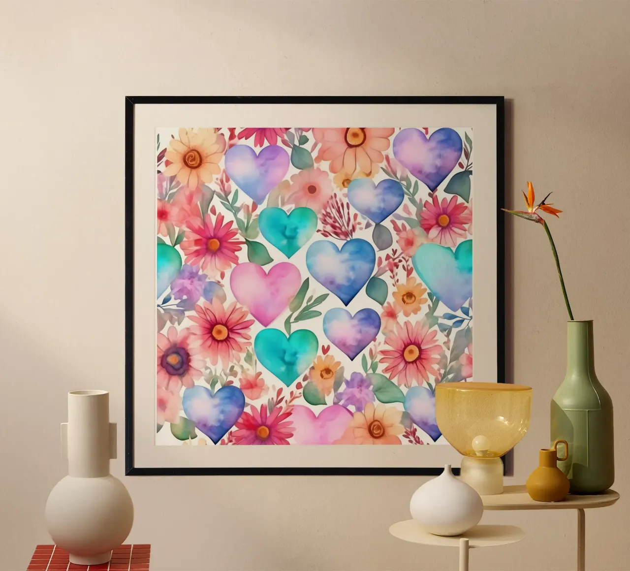 cuori_pastello_2 poster con telaio in legno da Pink- und LoveArt by LK