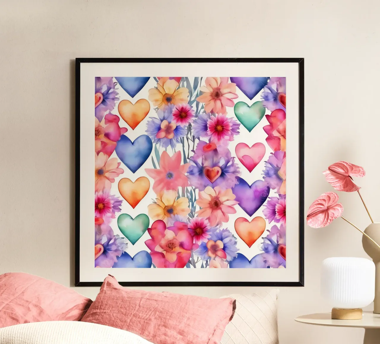 cuori_pastello_5 poster con telaio in legno da Pink- und LoveArt by LK