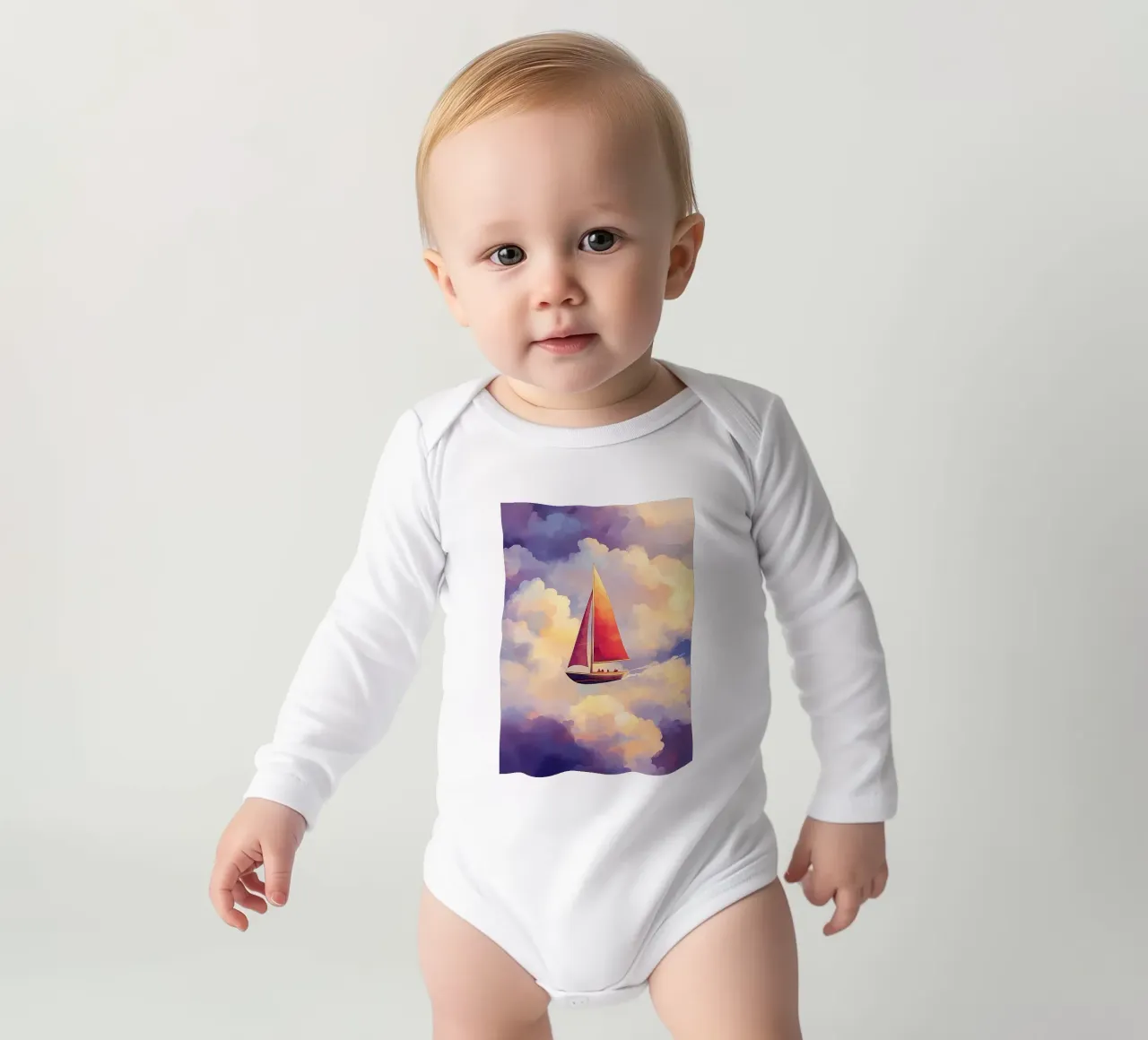 Sailboat in the Clouds long-sleeve baby romper by Bartosz Powalka