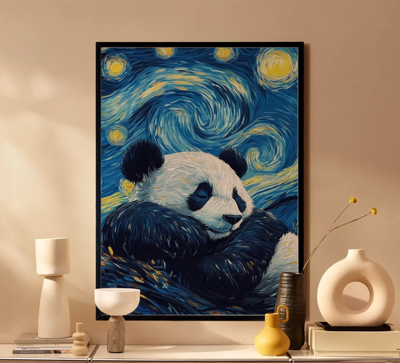Panda Notte stellata poster con telaio in legno da Adrian Patel