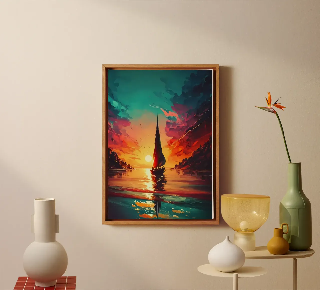 Zeilboot Zonsondergang Landschap canvas met Baklijst van Bartosz Powalka