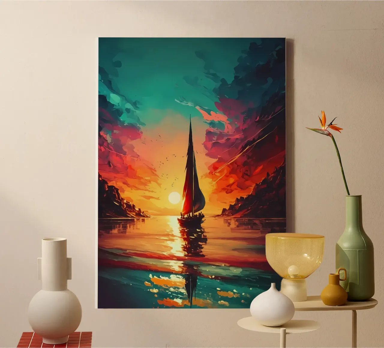 Zeilboot Zonsondergang Landschap canvas met Baklijst van Bartosz Powalka