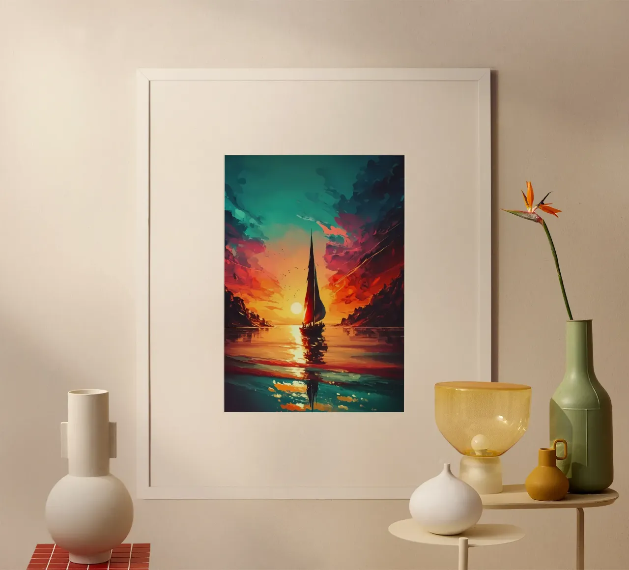 Zeilboot Zonsondergang Landschap poster met houten frame van Bartosz Powalka